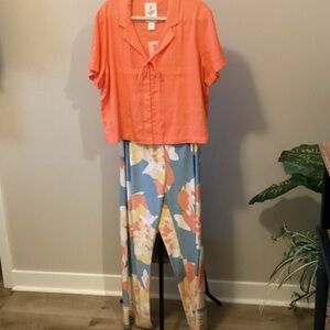 Floral Straight Leg palazzo pants - Orange and Blue & linen top set
